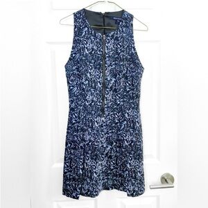 French Connection Racer Back Navy & Blue Swirl Mini Dress w/ Front Zipper Detail